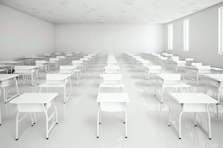 Empty classroom in school or university chairs and desks without anyone. All room in white colour. Generative AIの素材