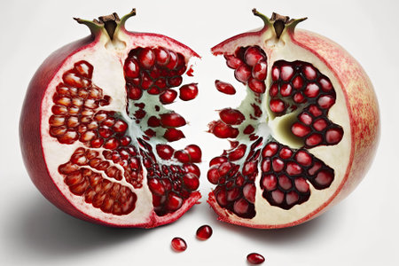 Pomegranate fruit in two halves with a white background. Close up photography. Generative AIの素材