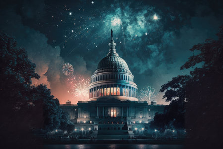 On July 4, 2021, fireworks will be seen over the Capitol building. Generative AIの素材