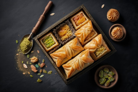 Traditional baklava assortment with pistachios from Turkey and the Arab world. sweets for Ramadan. above, with space for copy. Generative AIの素材