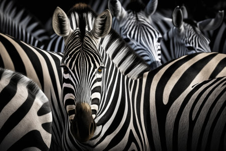 a close up of a zebra in his herd that is surrounded by black and white stripes. Generative AIの素材