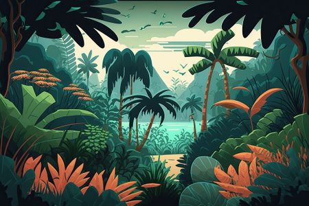 Beautiful cartoon impenetrable jungle raster illustration. equator, tropics, exotic palms, exotic trees, exotic bushes, wilds, and wild life. Concept of natural beauty. Generative AIの素材