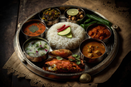 Selective concentration, Indian Hindu Veg Thali meal platter. Generative AIの素材