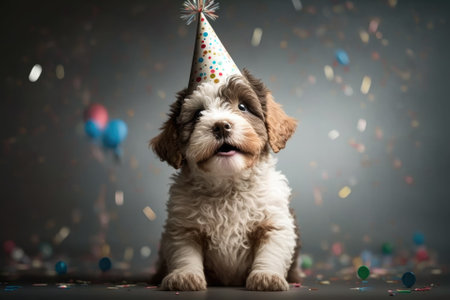 A cute puppy wearing a party hat and confetti is celebrating his birthday. Generative AIの素材