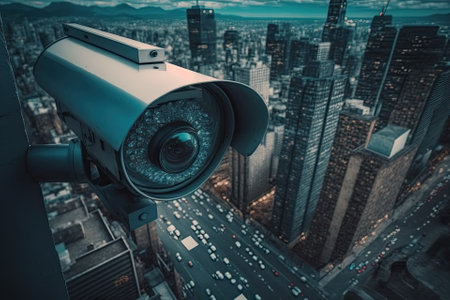 A security camera can track traffic movement. rooftop of a skyscraper. Generative AIの素材