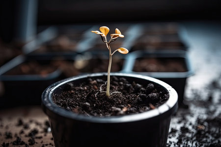 Agriculture, seeding, and the concept of plant seed growth. fresh tiny tree or flower to be planted in a black plastic pot. Generative AIの素材