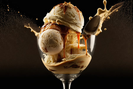 Affogato is an Italian dessert created with coffee as the main component and is often served with a scoop of gelato or vanilla ice cream in a cup. then dispense one hot espresso shot. Generative AIの素材