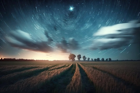 Amazing Rotate Stars Effect In Sky. Soft Colors. 6k Unusual Cloud And Stars Effects Above Countryside Rural Field Landscape With Young Wheat Sprouts. Night Blue Sky. , . Generative AIの素材