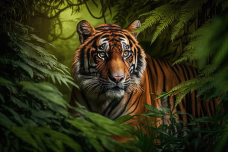 Beautiful Bengal tiger in a background of a lush, green habitat. Generative AIの素材