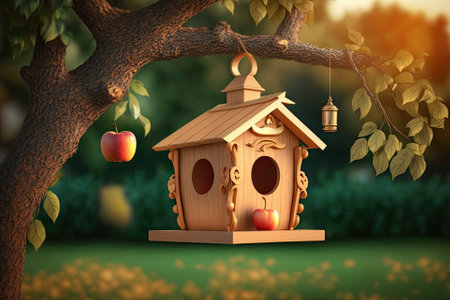 Bird feeder hanging on apple tree. Branch of apple tree with bird house. Nest box in public park for bird feed. Generative AIの素材
