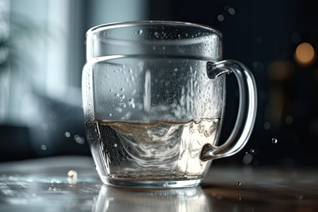 A transparent glass mug with water in it and water drops on a light surface. Tornado shaped water within a mug, soft focus. A little hurricane. Generative AIの素材