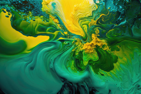 Fluid art background made of liquid. Underwater, in the ocean, with dancing green and yellow acrylic paints, there is a color explosion. Generative AIの素材