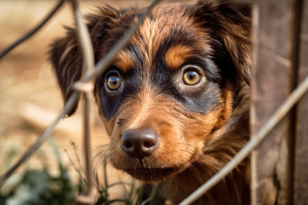 A brown puppy Lapponian herder dog peering through a fence at a chicken. Generative AIの素材