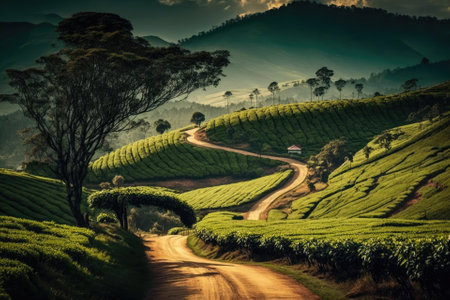 As a background or wallpaper, use this expansive view of the road through the luxuriantly green tea fields on the hills of Munnar, Kerala, India. Generative AIの素材