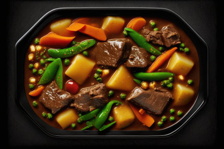 Asian cuisine Close up of a platter of stewed beef with potatoes, peppers, peas, tomatoes, and carrots. above, horizontal top view. Generative AIの素材