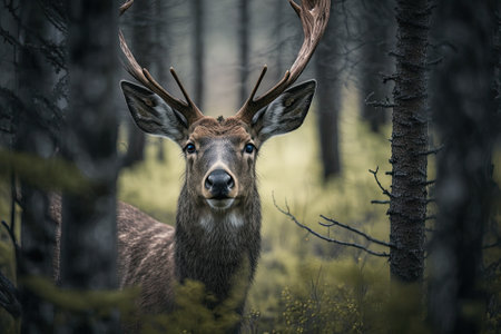 A deer in the forest in the spring is seen staring into the camera. Capreolus capreolus is a wild animal. Generative AIの素材