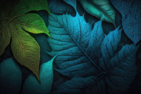 Background with a blue and green leaf texture. Generative AIの素材
