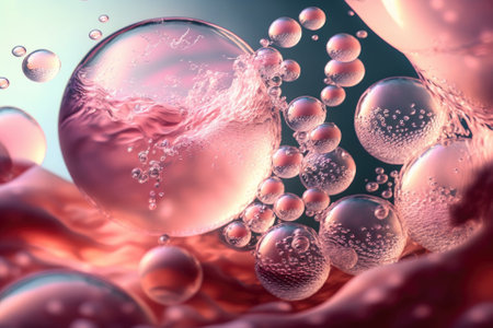 Close up of a pink transparent, peaceful, and bubble filled water surface. Summer natural abstract background in style. Sunlight lit waves have a coral hue. Generative AIの素材