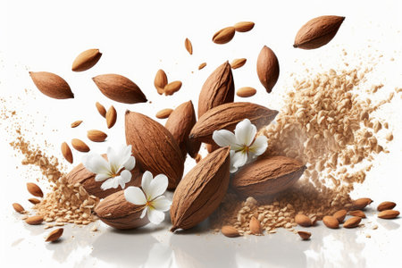 Almonds in abundance against a white background. pulverized almonds. Generative AIの素材