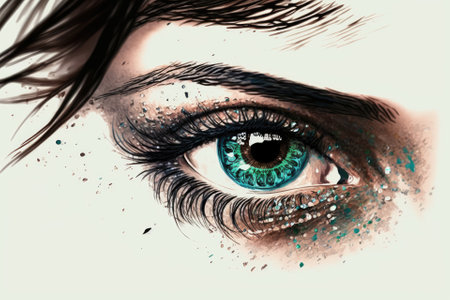 Close up drawing of beautiful female eyes on a white backdrop. An image in color of enigmatic feminine eyes. Generative AIの素材