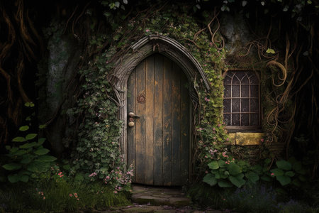 A tiny door amid the magnificent garden. Generative AIの素材