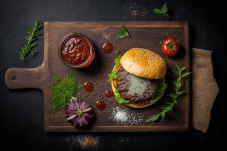Fresh homemade burger on dark serving board with spicy tomato sauce, sea salt and herbs over dark wooden background. Top view, copy space. Generative AIの素材