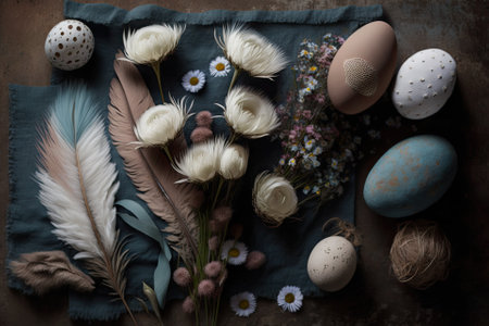 Easter greetings. Flat lay of chic easter eggs on a rustic table. Easter eggs with springtime white flowers, feathers, and natural dyes on a rural cloth background. Generative AIの素材