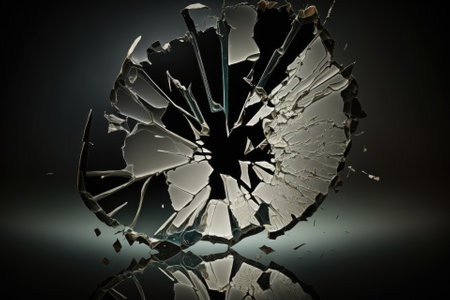 Glass fragments on a dark background. vertical image of glass in pieces. mosaic of broken mirrors. big cracks all over the mirror. broken white glass. No reflection in a broken mirror. Generative AIの素材