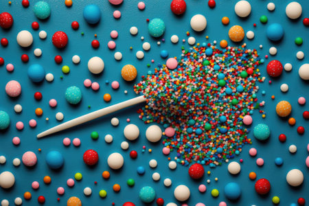 Multi color festive background of a scattering of sugar candy sprinkles for cupcakes and other pastries in form of stars, sticks and balls. Copy space. Generative AIの素材