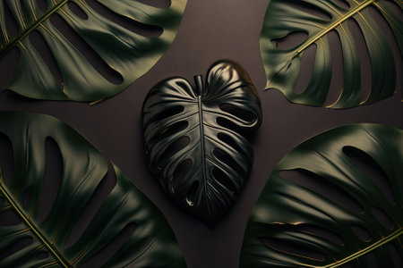 Flatlay of black shiny monstera leaves on a background of dark paper. unusually creative and opulent cosmetics concept. Generative AIの素材