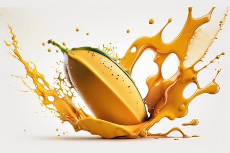 Delicious mango juice splashed over a white background. Generative AIの素材