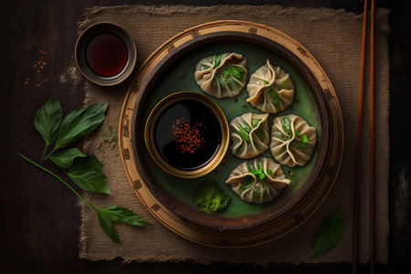 Home made chinese and korean dumplings served on the traditional steamer and bamboo mat decorated with soy sauce, parsley, giner and green tea. Top View. Generative AIの素材