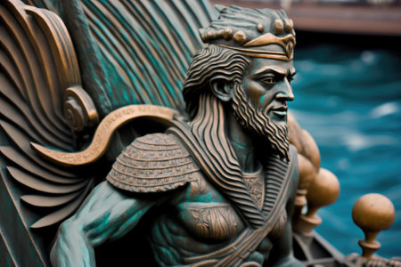 Egyptian god sculpture on the boat. Generative AIの素材