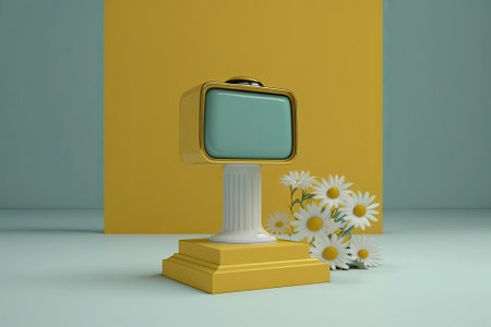For product placement, a yellow pedestal with a flowery backdrop. Generative AIの素材