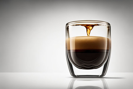 On a white background, an espresso coffee glass has a drop in it. Generative AIの素材