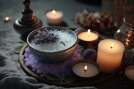 For a full moon ritual, take a bath to cleanse your spiritual aura. Close up of candles, fragrance salt, and lavender on a tub table. Generative AIの素材