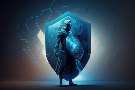 Internet network connectivity, cyber security, and digital technology notion. Man using a shield against cyber dangers to access a computer gadget. a polygon on a background of deep blue. Generative AIの素材
