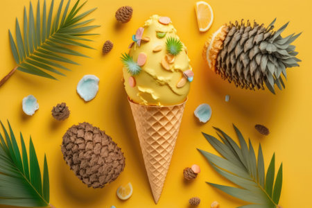 Ice cream cone with pineapple leaves on bright yellow background. Fruit and candy concept. Flat lay. Generative AIの素材