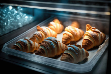 Delicious fresh croissants are shown in a tray in a bakery. Generative AIの素材