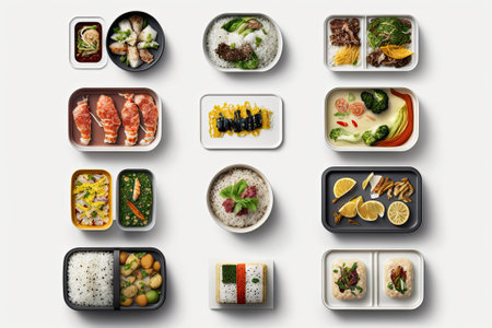 European, Japanese, Thai, and Chinese culinary styles are all represented in this collection of contemporary cuisine prepared under the clean food idea in a lunchbox against a white background. Generative AIの素材