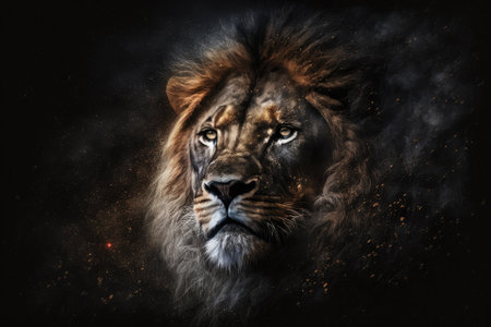 Beautiful Lion Portrait with Lion in the Dark. Generative AIの素材