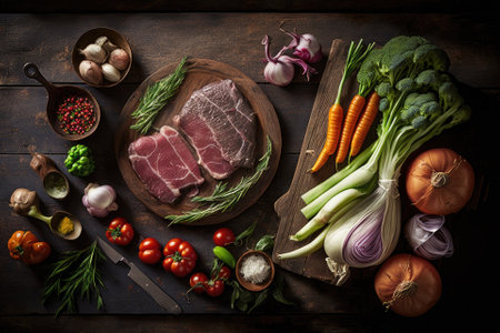 Fresh meats and vegetables for a balanced diet shown on a rustic table. a top view. Generative AIの素材
