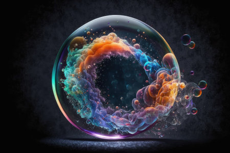 Exploding Soap Bubble with hole in vibrant colors on a dark background. Generative AIの素材