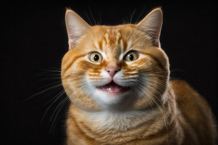 Funny Portrait of Smiling Ginger Cat Gazing on Isolated Black Background with Wide Mouth. Generative AIの素材