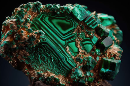 Malachite, a vibrant green copper mineral, comes in velvet form. It is extremely structured and is shown in this macro shot against a white background. Generative AIの素材
