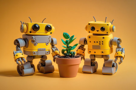 Smart garden robotics technology. Two happy breeder gardener robots posing with a young plants grown in a flower pot. Automated robotic gardening management concept. Yellow background. copy space. Generative AIの素材
