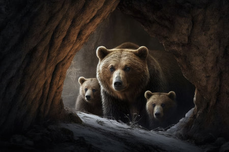 In the winter, a brown bear (Ursus arctos) with two cubs peers out of its cave beneath a large rock in the woods. Generative AIの素材