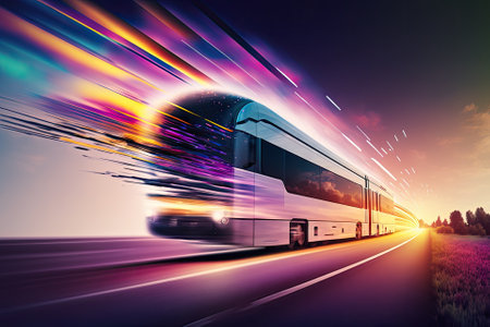 Motion blur and digital data flow on the road give the impression of rapid data transit. Concept of disruptive innovation, agile business technique, and future digital transformation. Generative AIの素材