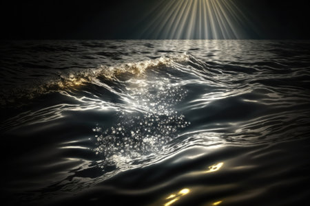 Detail of a sunbeam in the glistening sea. sparkling in the background water. sea water with ripples and sun glare. Strong and serene nature concept. dark and light. Generative AIの素材