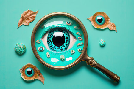 Framed eyeballs with a magnifying glass and stickers on a turquoise background. Finding the truth is the basic idea. Generative AIの素材